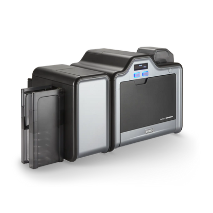 HID FARGO HDP5000e Dual Sided ID Card Printer in black and silver, featuring a digital display and an open input tray on the side. Sold by Specialist ID.