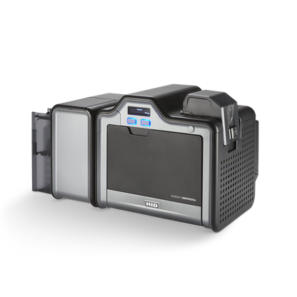 The HID FARGO HDP5000e Dual Sided ID Card Printer boasts a modern design with a control panel featuring buttons and an input card tray. Sold by Specialist ID.