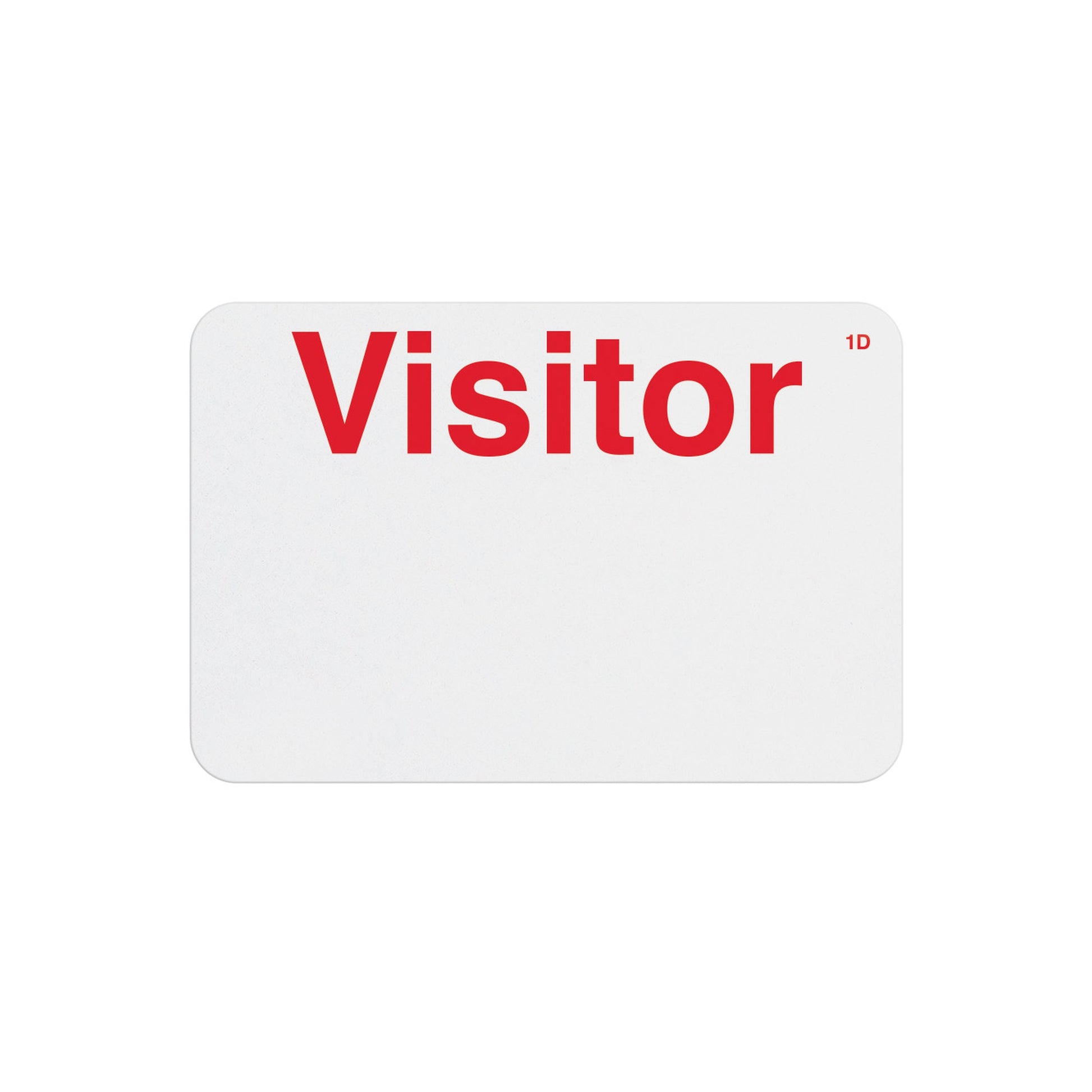 Handwritten 1-day expiring badge front preprinted Visitor in red with a 1D mark in the corner, part T6103