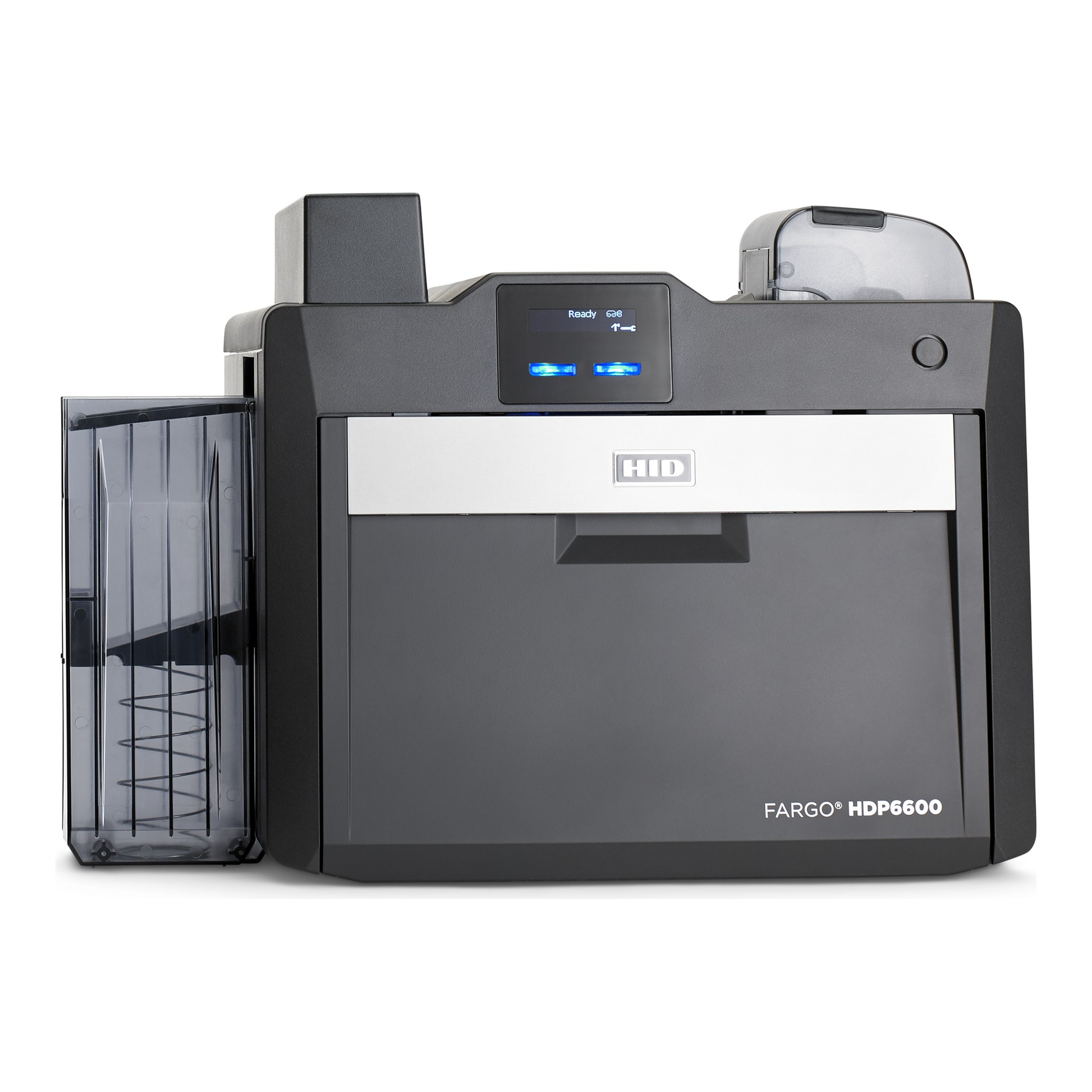 Front view of the HID FARGO HDP6600 single-sided retransfer ID card printer with card flattener module. Sold by Specialist ID, an authorized HID FARGO dealer.