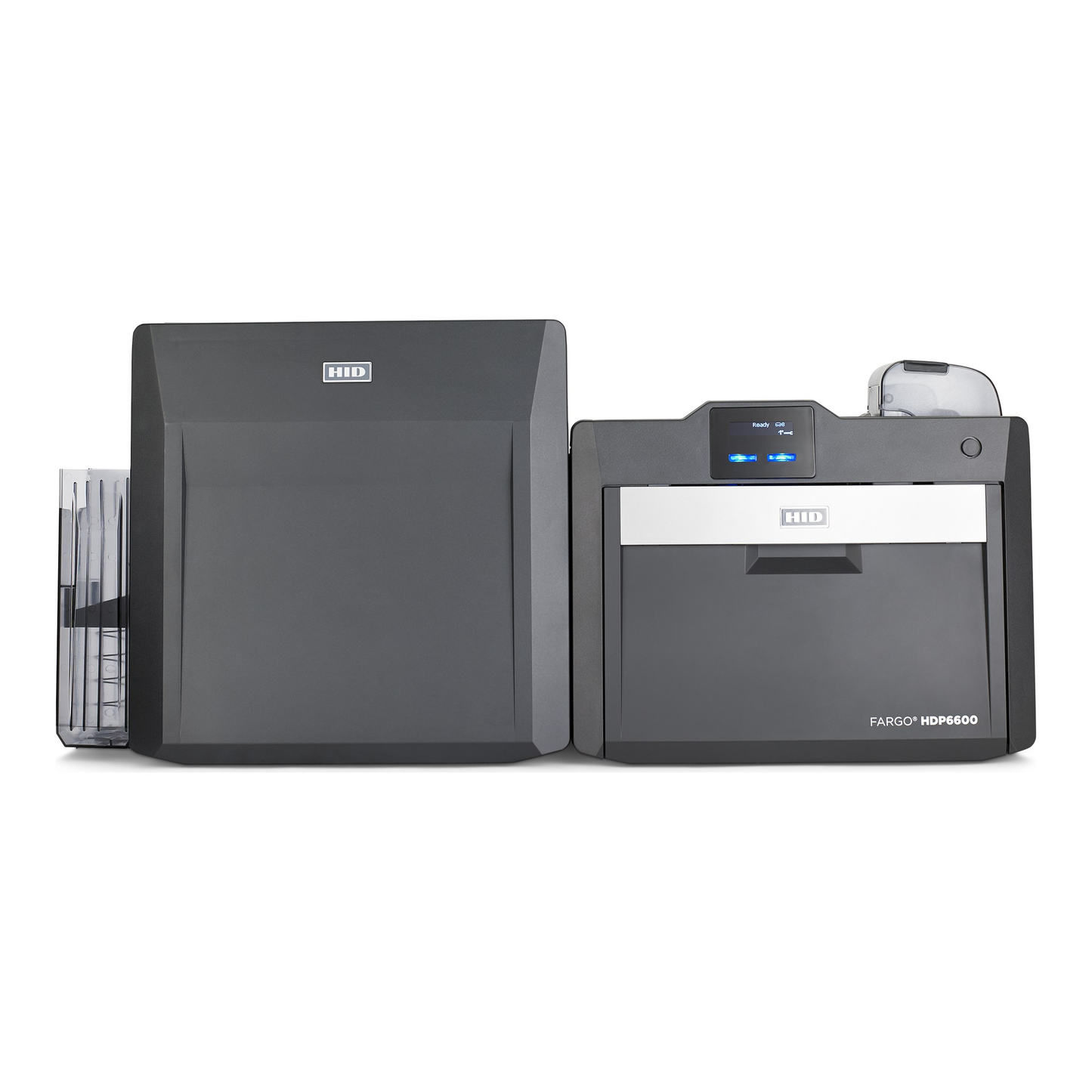 Front view of the HID FARGO HDP6600 single-sided retransfer ID card printer with LMX lamination module. Sold by Specialist ID, an authorized HID FARGO dealer.