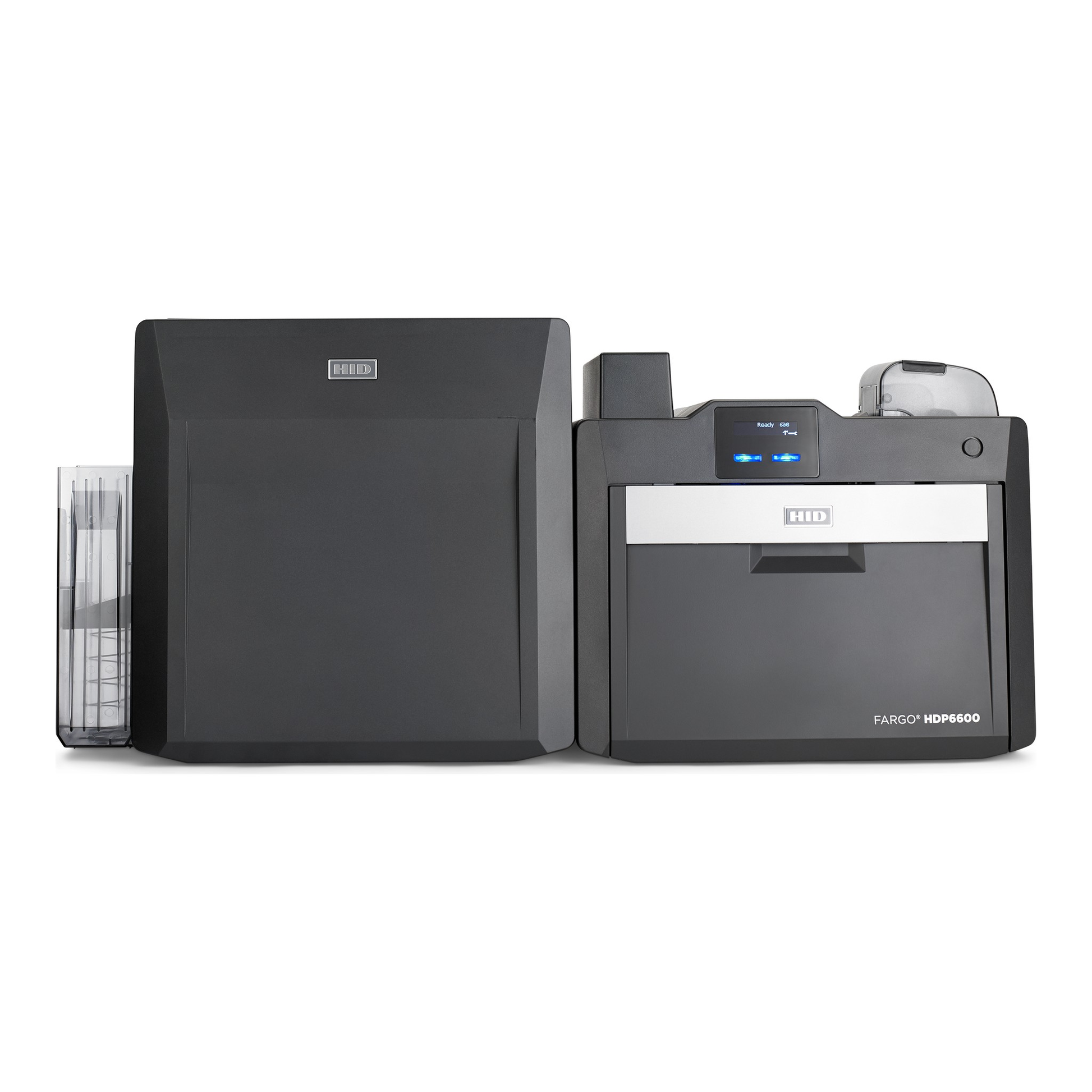Front view of the HID FARGO HDP6600 single-sided retransfer ID card printer with card flattener and LMX lamination module. Sold by Specialist ID, an authorized HID FARGO dealer.