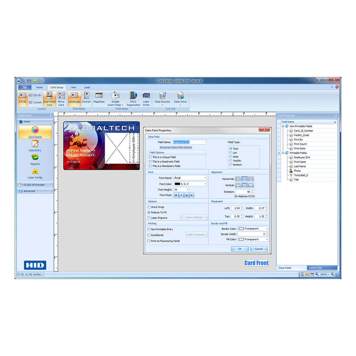 Asure ID card design screen: tabbed navigation, ribbon tools and a live card preview