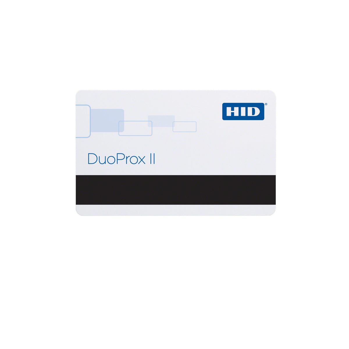 The HID DuoProx II 1336LGGMN Proximity Card with Magnetic Stripe (Programmed) is shown against a plain white background, displaying its sleek geometric design. This white access card features both integrated proximity technology and a black magnetic stripe, providing secure access control and versatile functionality within one modern solution.