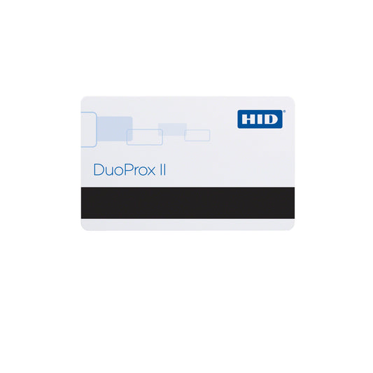 The HID DuoProx II 1336LGGMN Proximity Card with Magnetic Stripe (Programmed) is shown against a plain white background, displaying its sleek geometric design. This white access card features both integrated proximity technology and a black magnetic stripe, providing secure access control and versatile functionality within one modern solution.