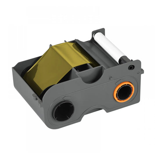A gray and orange plastic spool featuring a yellow strip and white roll, identified as the HID Fargo 45130 Gold Monochrome Ribbon - 450 Prints, suitable for high-quality printing or ID card printers, is depicted on a plain white background.