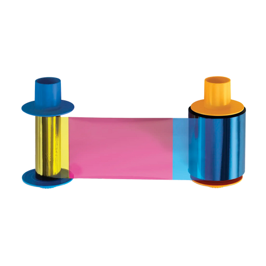 HID Fargo 045610 YMCKO Color Ribbon with unrolled blue, yellow, magenta, and black film panels clearly visible across the spool. Designed for 500 full-color prints. Sold by Specialist ID, an authorized Fargo dealer.