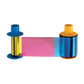 The HID FARGO 045611 YMCKOK Ribbon, designed for full-color printing with cyan, magenta, and yellow segments, comes rolled between blue and yellow spools. It is compatible with the DTC1500 ID Card Printer and has a capacity of 500 prints. Sold by Specialist ID, an authorized HID Fargo dealer.
