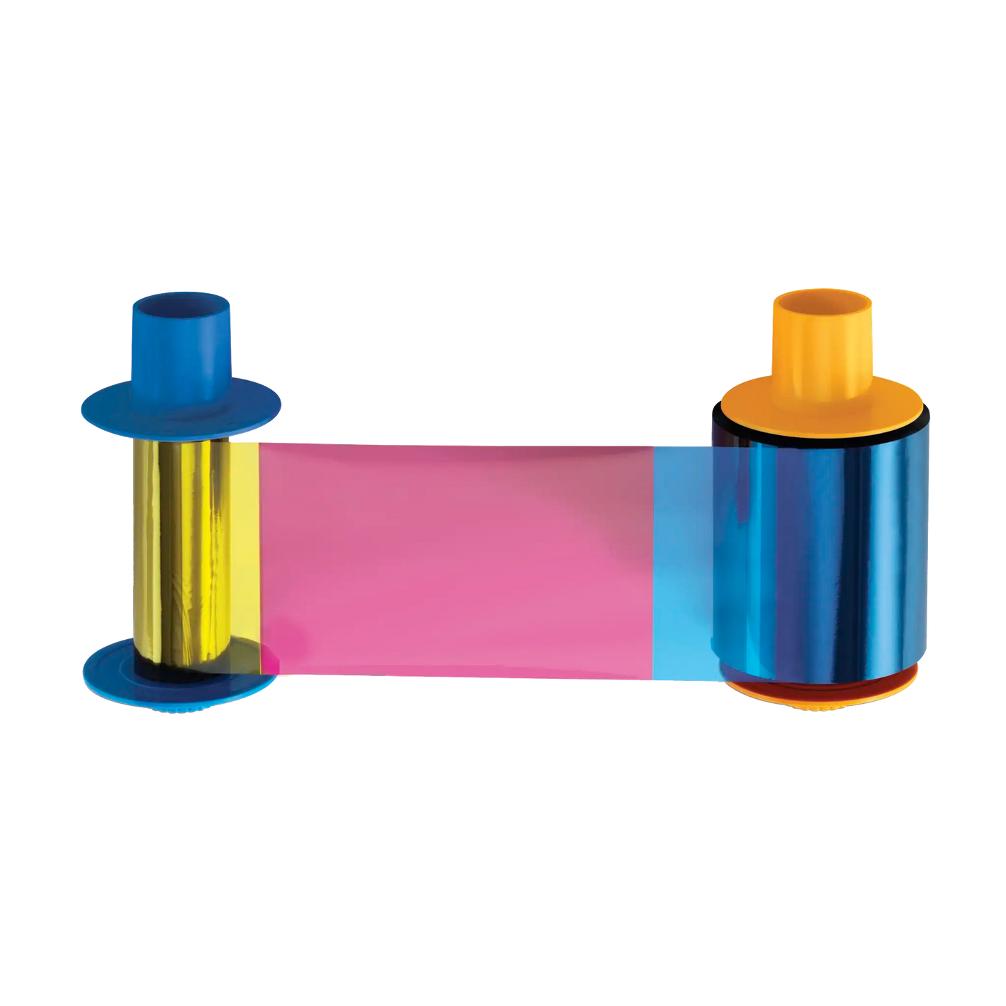 The HID FARGO 045611 YMCKOK Ribbon, designed for full-color printing with cyan, magenta, and yellow segments, comes rolled between blue and yellow spools. It is compatible with the DTC1500 ID Card Printer and has a capacity of 500 prints. Sold by Specialist ID, an authorized HID Fargo dealer.