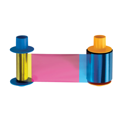 The HID FARGO 045611 YMCKOK Ribbon, designed for full-color printing with cyan, magenta, and yellow segments, comes rolled between blue and yellow spools. It is compatible with the DTC1500 ID Card Printer and has a capacity of 500 prints. Sold by Specialist ID, an authorized HID Fargo dealer.