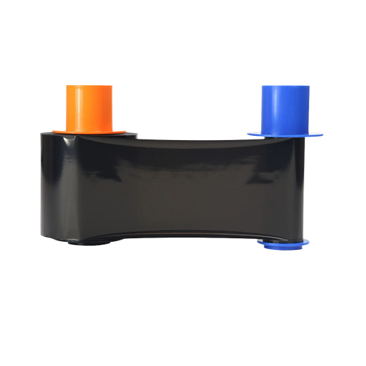 The HID Fargo 45616 Monochrome Black Ribbon, featuring orange and blue ends on a white background and compatible with DTC1500 printers, is designed to produce high-quality ID cards, with a capacity of 3000 prints.