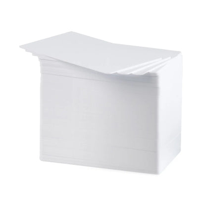 The HID FARGO 081754 UltraCard PVC Cards, which come in a box of 500 and are perfectly suited for HID FARGO Direct-to-Card printers, are slightly fanned out.