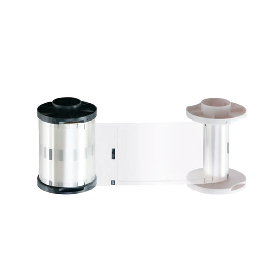 The HID FARGO 82615 Clear Thermal Transfer Overlaminate, capable of producing 500 prints, is elegantly positioned between a black and a white spool to enhance the protection of ID cards, making it suitable for compatible printers and perfectly optimized for HID FARGO Overlaminate systems.