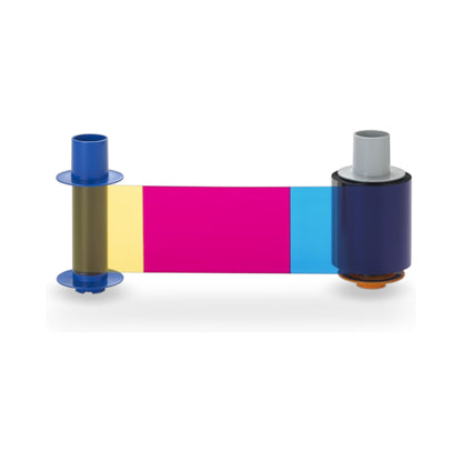 The HID FARGO 84510 YMC Color Ribbon (750 prints) features yellow, magenta, and cyan panels for HDP5000e, HDP5000, HDP5600, and HDP5600XE card printers—ideal for high-quality image printing on a white background.