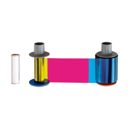 The HID FARGO 84510 YMC Color Ribbon (750 Prints), shown with a clear roll and set against a white background, is compatible with HDP5000e, HDP5000, HDP5600, and HDP5600XE card printers.