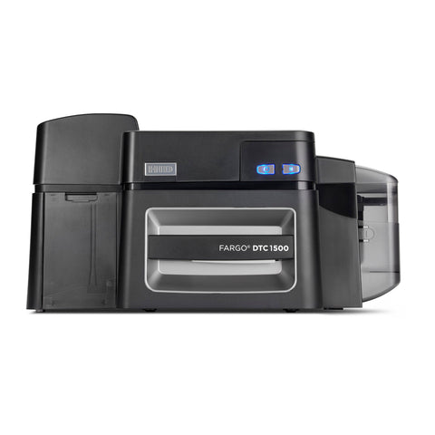 The HID FARGO DTC1500 Dual-Sided ID Card Printer, black and rectangular with control buttons and a transparent card output tray, is displayed against a white background.