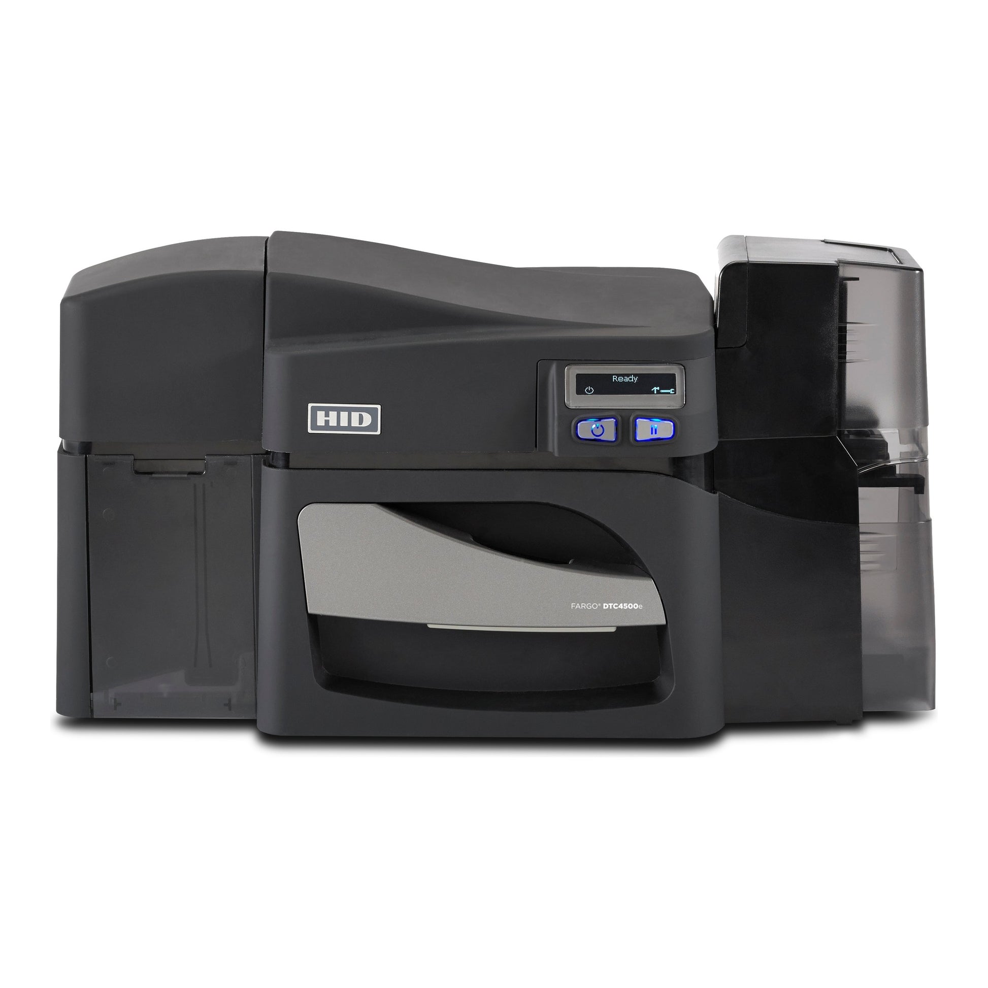 A HID FARGO DTC4500e dual-sided ID card printer with control buttons and display panel, designed for printing plastic ID cards.