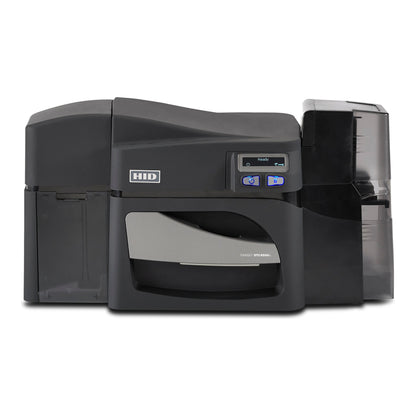 A HID FARGO DTC4500e dual-sided ID card printer with control buttons and display panel, designed for printing plastic ID cards.