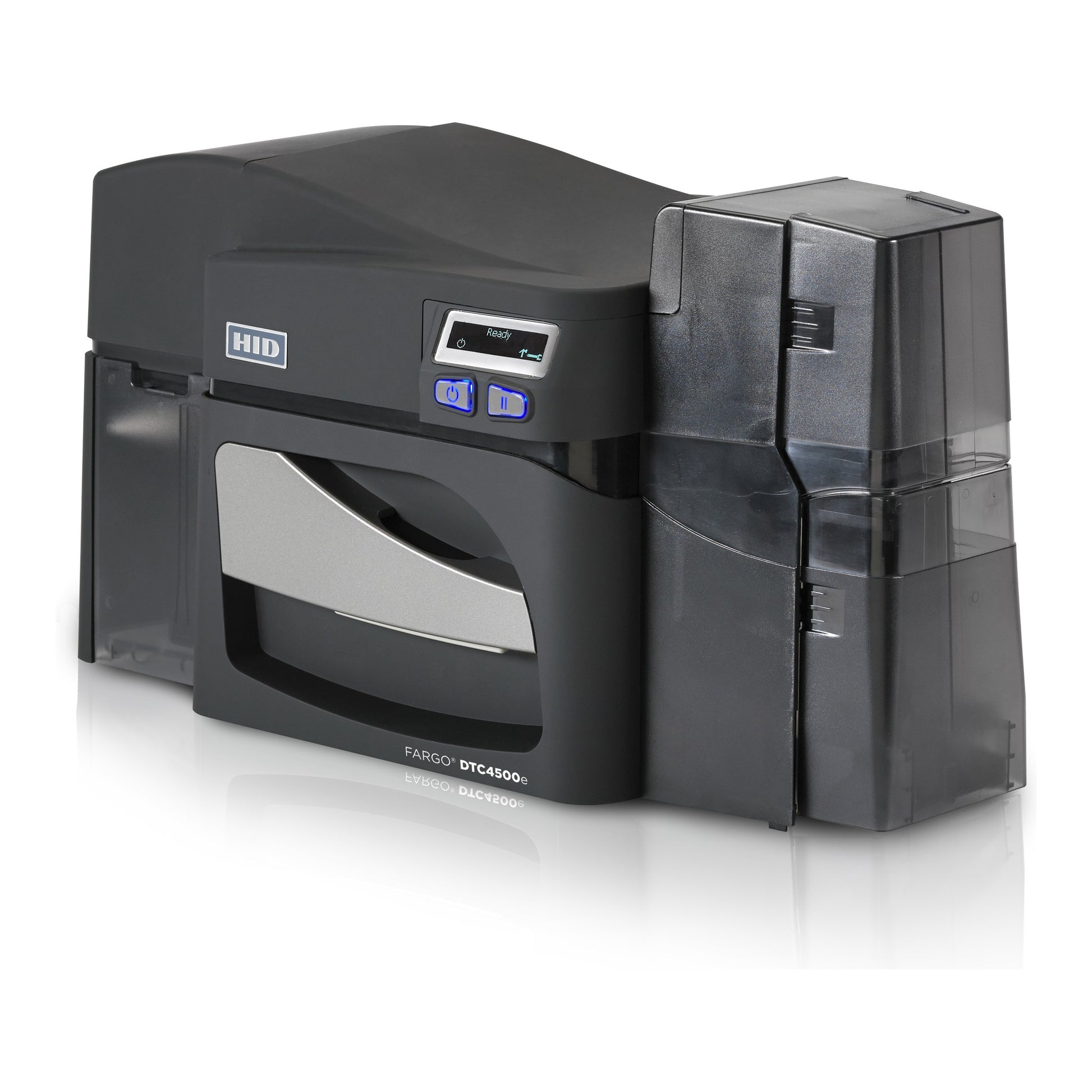 The HID FARGO DTC4500e Dual-Sided ID Card Printer with OMNIKEY 5122 Contactless Encoder features control buttons and a transparent card input hopper on the right side.