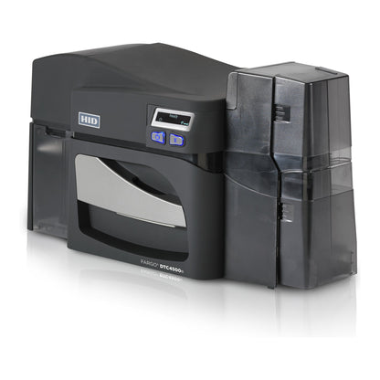 The HID FARGO DTC4500e Dual-Sided ID Card Printer with OMNIKEY 5122 Contactless Encoder features control buttons and a transparent card input hopper on the right side.