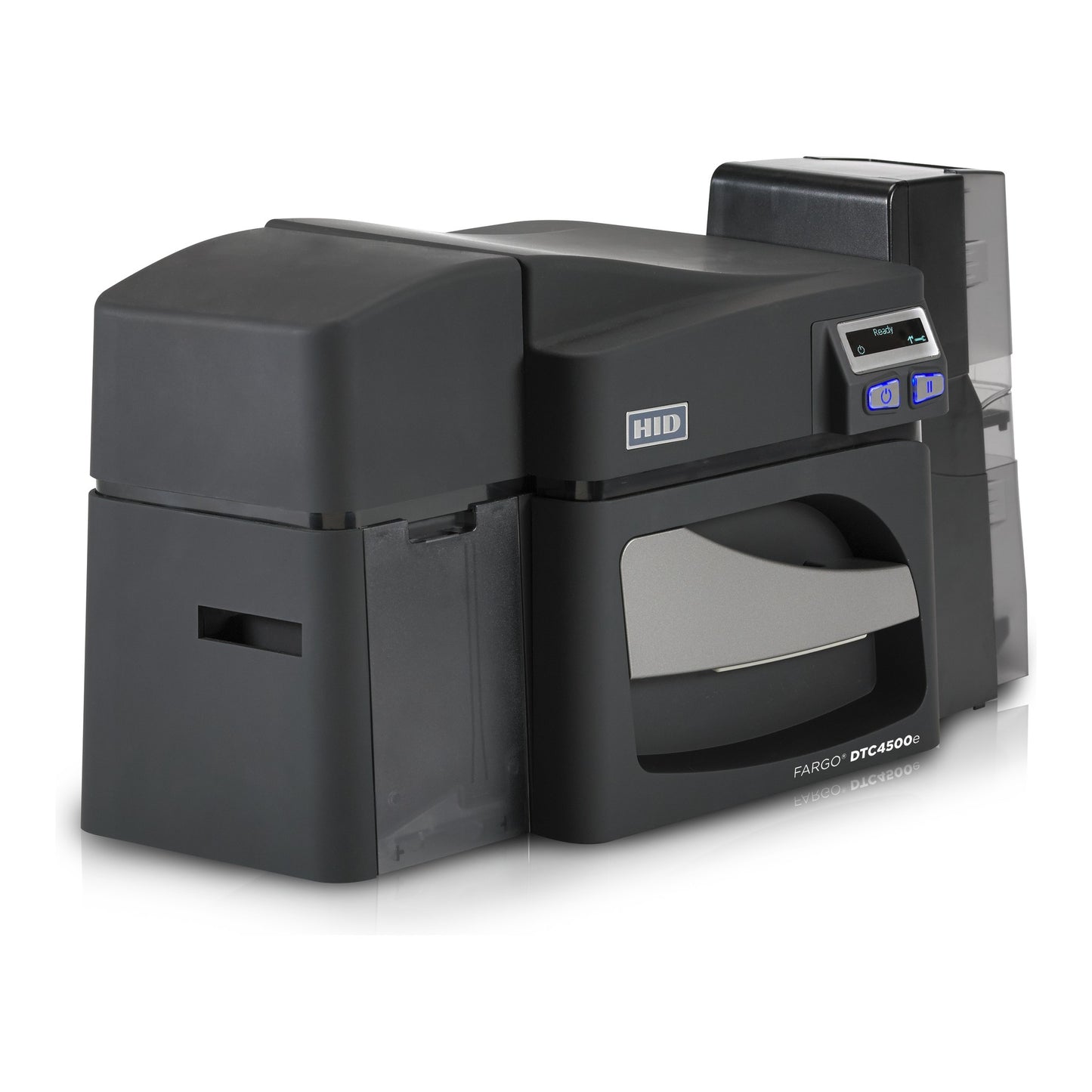 The HID FARGO DTC4500e Dual-Sided ID Card Printer in black features input/output card hoppers, a control panel, and front branding—making it ideal as a high-volume card printer for demanding environments.
