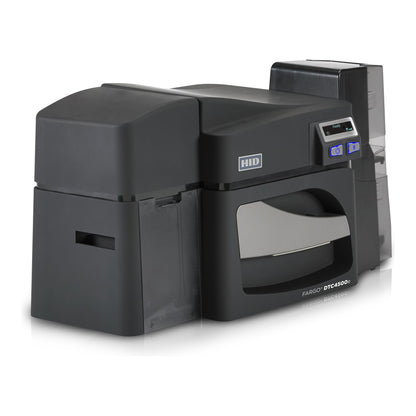 The HID FARGO DTC4500e Dual-Sided ID Card Printer in black features input/output card hoppers, a control panel, and front branding—making it ideal as a high-volume card printer for demanding environments.