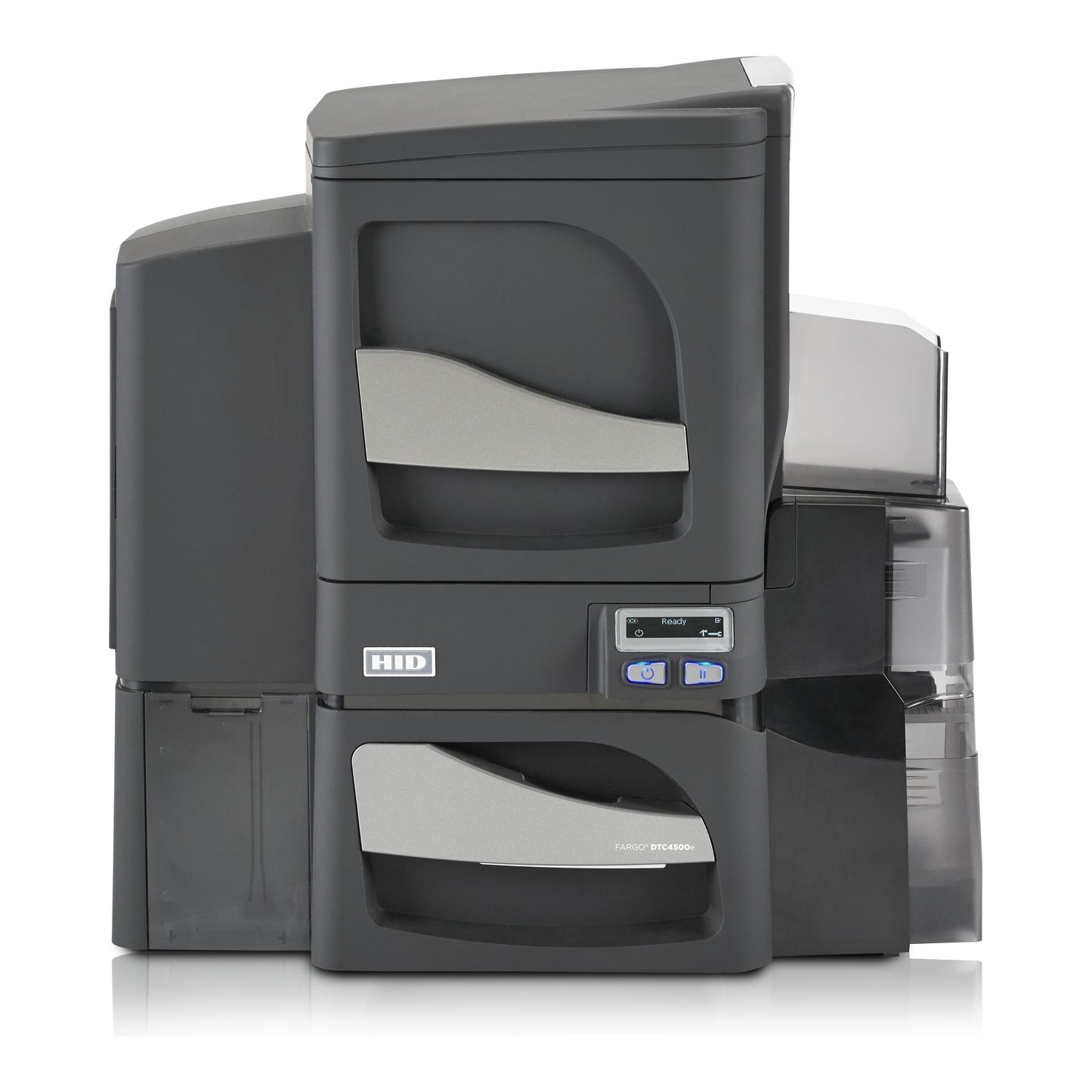 A black and gray HID FARGO DTC4500e Single-Sided ID Card Printer with single-side lamination, magnetic stripe encoder, and OMNIKEY 5122 smart card encoder is shown from the front against a white background.