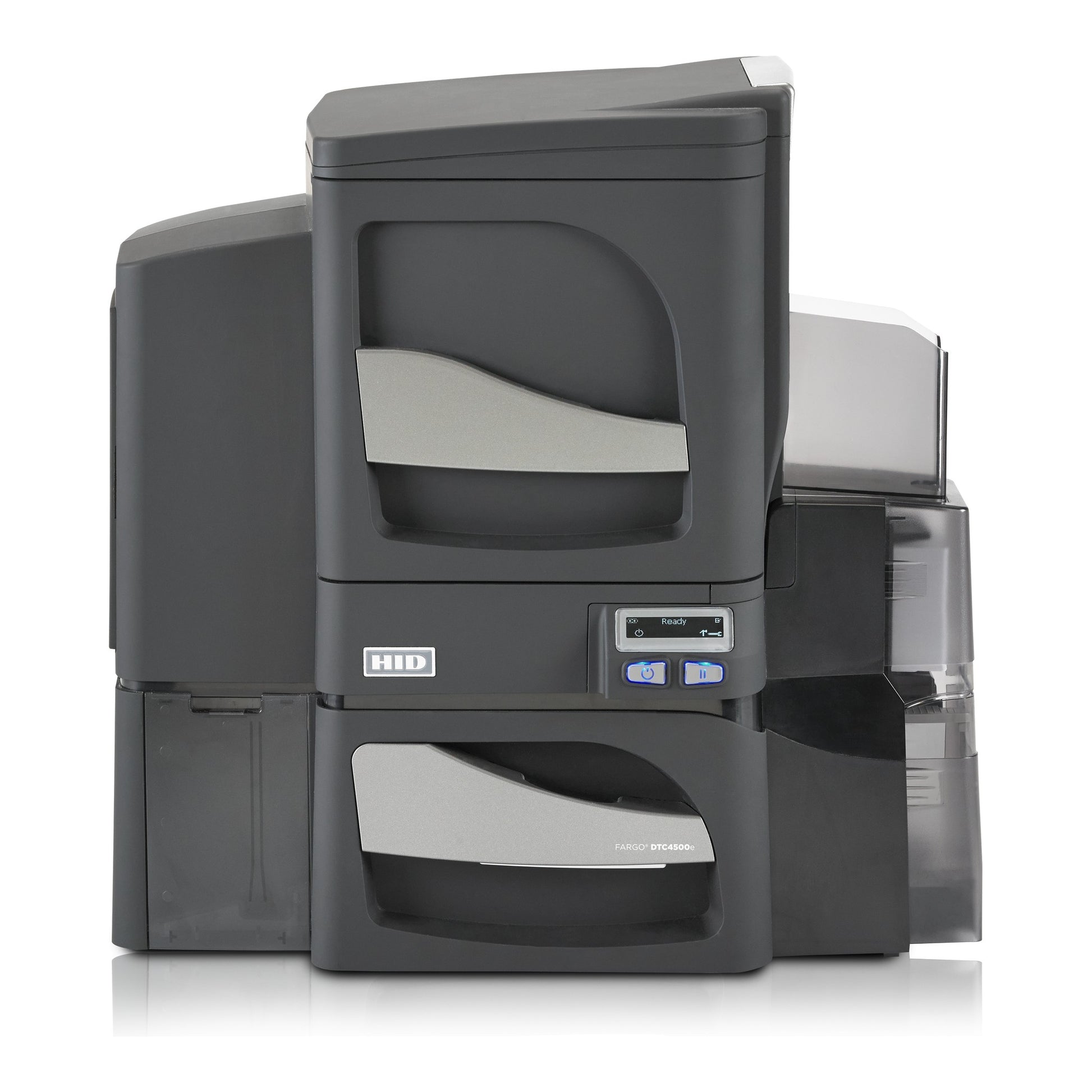 A black and gray HID FARGO DTC4500e Single-Sided ID Card Printer with single-side lamination, magnetic stripe encoder, and OMNIKEY 5122 smart card encoder is shown from the front against a white background.
