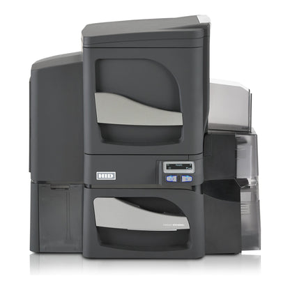 A black and gray HID FARGO DTC4500e Single-Sided ID Card Printer with single-side lamination, magnetic stripe encoder, and OMNIKEY 5122 smart card encoder is shown from the front against a white background.