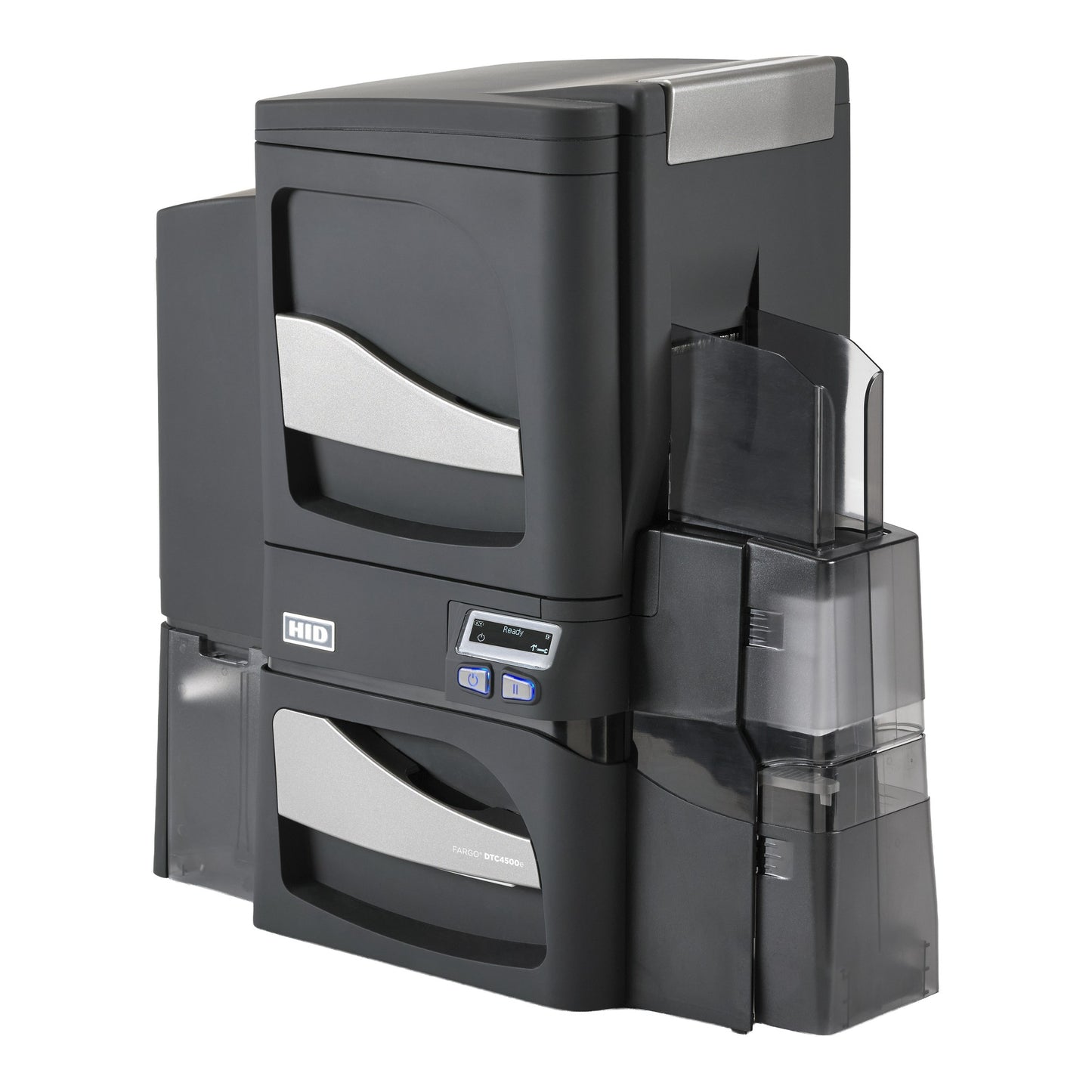The HID FARGO DTC4500e Single-Sided ID Card Printer features single-side lamination, magnetic stripe encoding, and an OMNIKEY 5122 smart card encoder for secure, durable ID card printing.