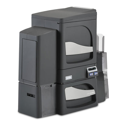 The HID FARGO DTC4500e Dual-Sided ID Card Printer with dual-side lamination features a control panel, input/output trays, and two main compartments.