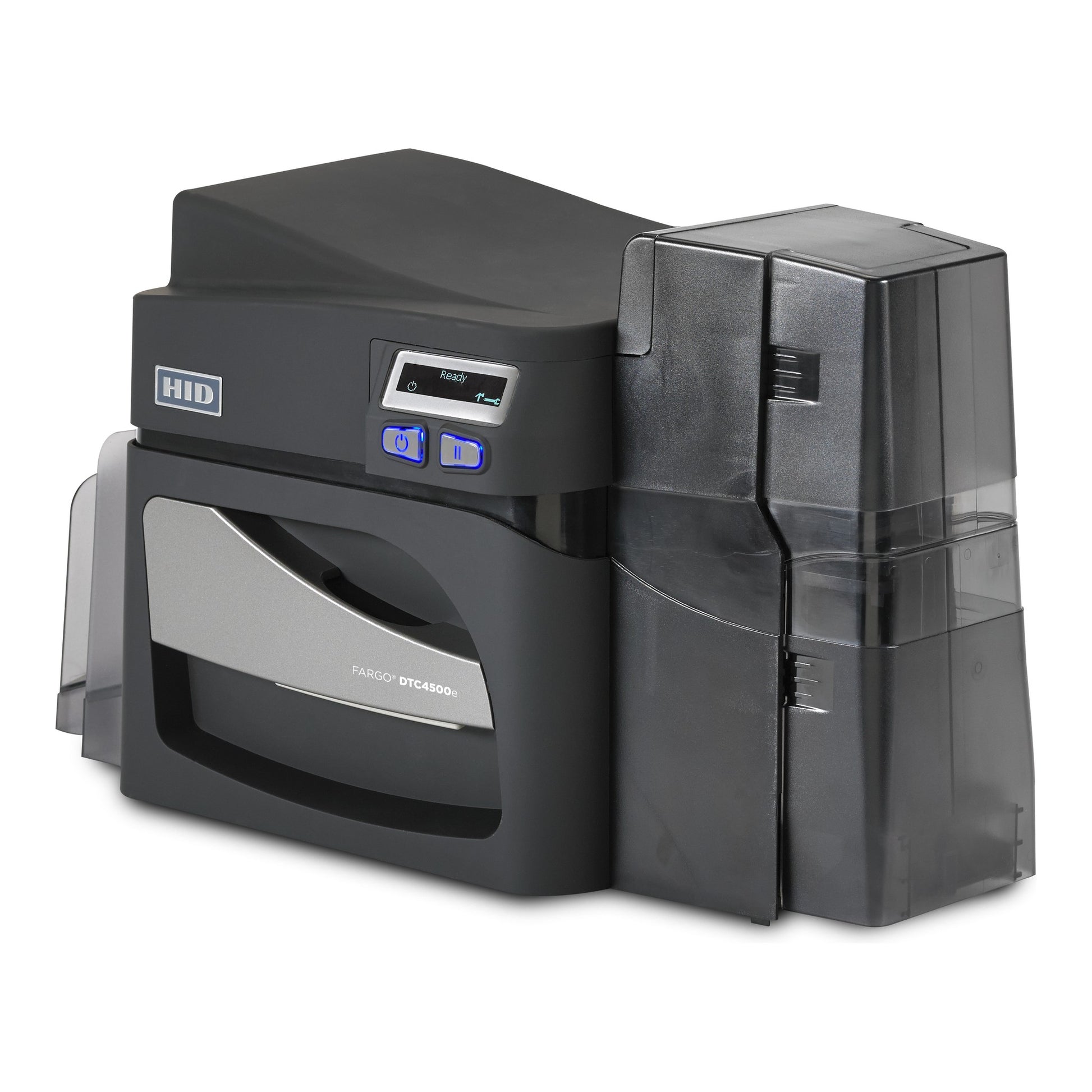 Left-angle view of the HID FARGO DTC4500e single-sided ID card printer. Sold by Specialist ID, an authorized HID FARGO dealer.
