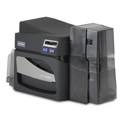 Left-angle view of the HID FARGO DTC4500e single-sided ID card printer. Sold by Specialist ID, an authorized HID FARGO dealer.