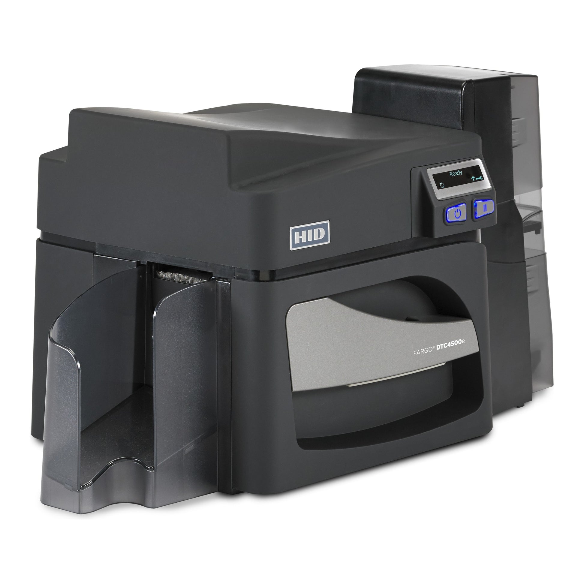 Right-angle view of the HID FARGO DTC4500e single-sided ID card printer. Sold by Specialist ID, an authorized HID FARGO dealer.