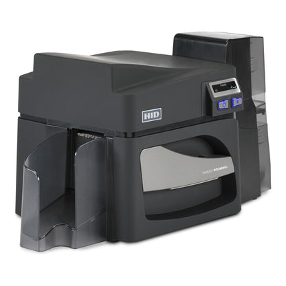 Right-angle view of the HID FARGO DTC4500e single-sided ID card printer. Sold by Specialist ID, an authorized HID FARGO dealer.