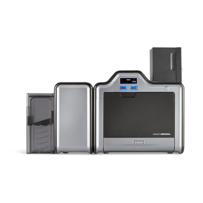 HID FARGO 89223 200-card locking input hopper installed on an HDP5000e printer, front view