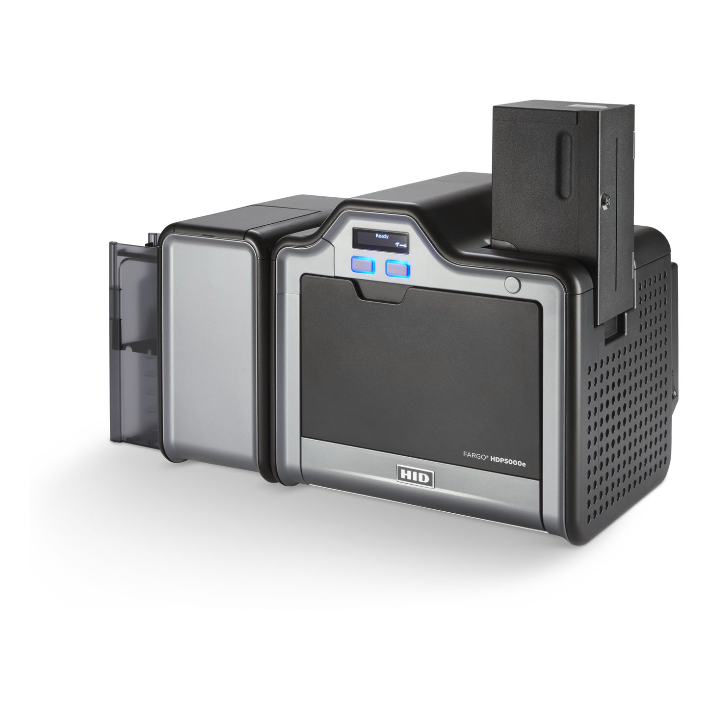 HID FARGO 89223 200-card locking input hopper installed on an HDP5000e printer, left view