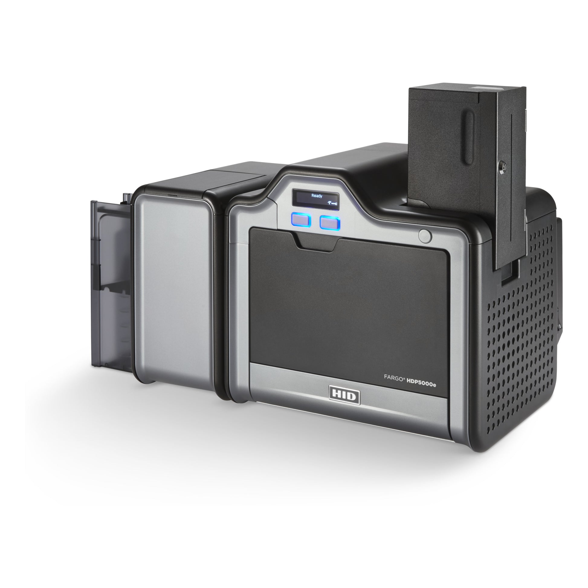 HID FARGO 89223 200-card locking input hopper installed on an HDP5000e printer, left view