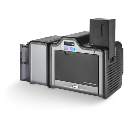 HID FARGO 89223 200-card locking input hopper installed on an HDP5000e printer, left view