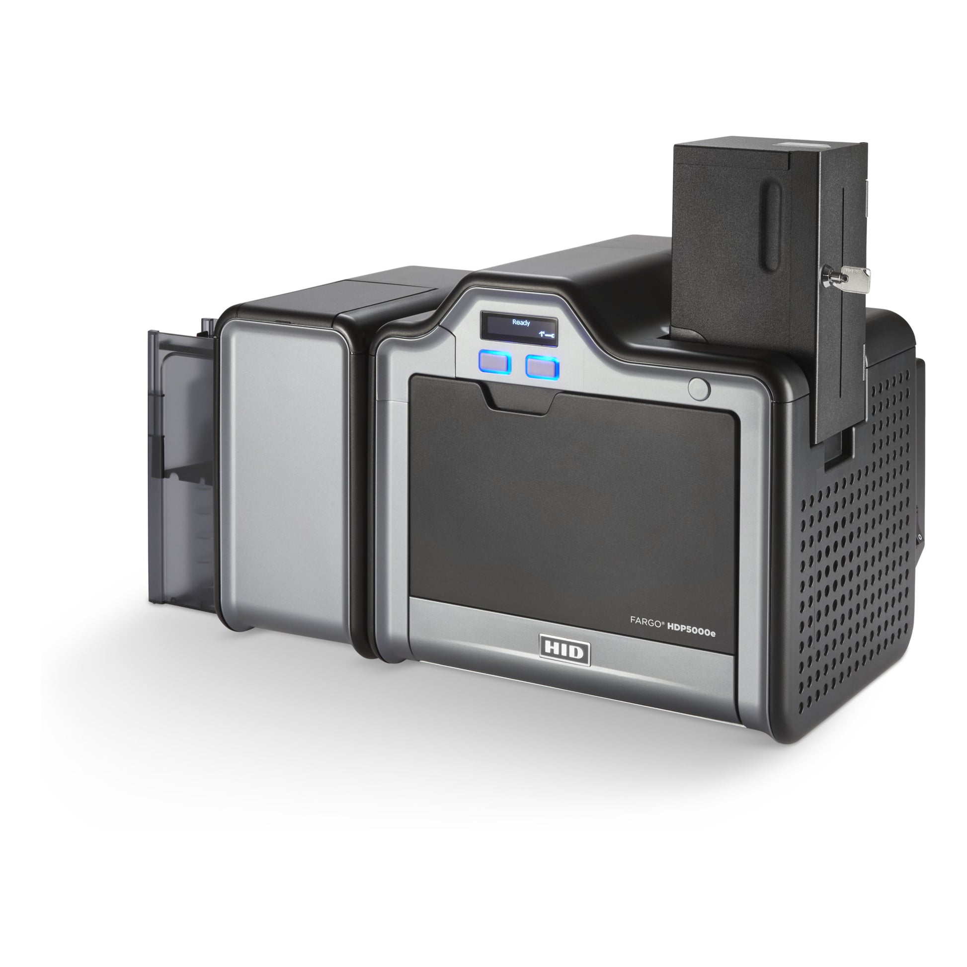 HID FARGO 89223 200-card locking input hopper with key, installed on an HDP5000e printer, left view