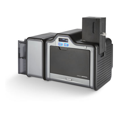 HID FARGO 89223 200-card locking input hopper with key, installed on an HDP5000e printer, left view