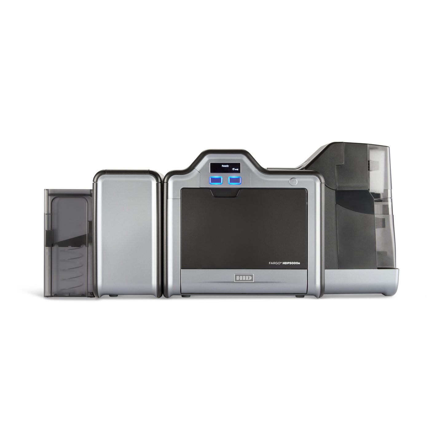 HID FARGO 096270 dual input hopper installed on an HDP5000e dual-sided ID card printer, front view