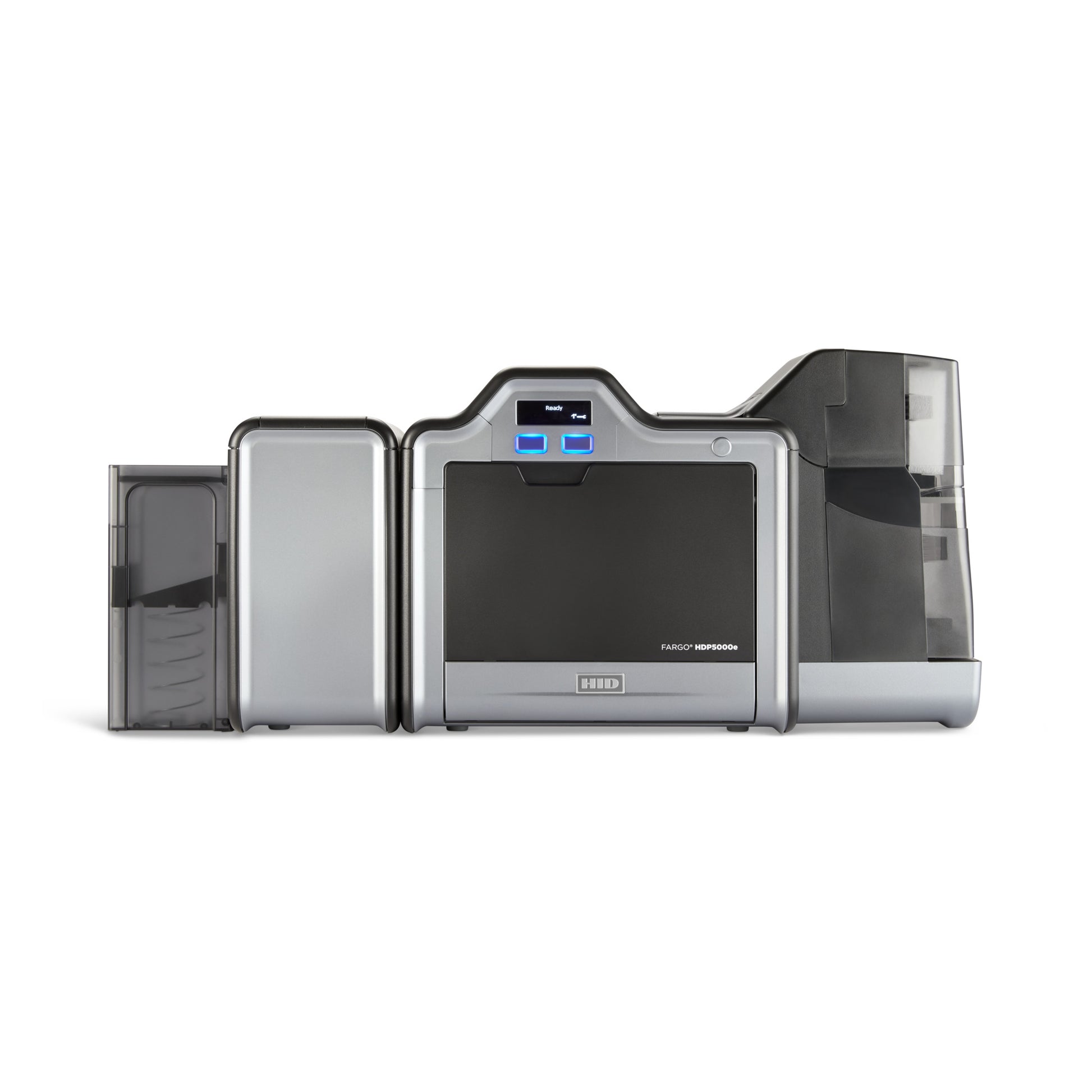 HID FARGO 096270 dual input hopper installed on an HDP5000e dual-sided ID card printer, front view