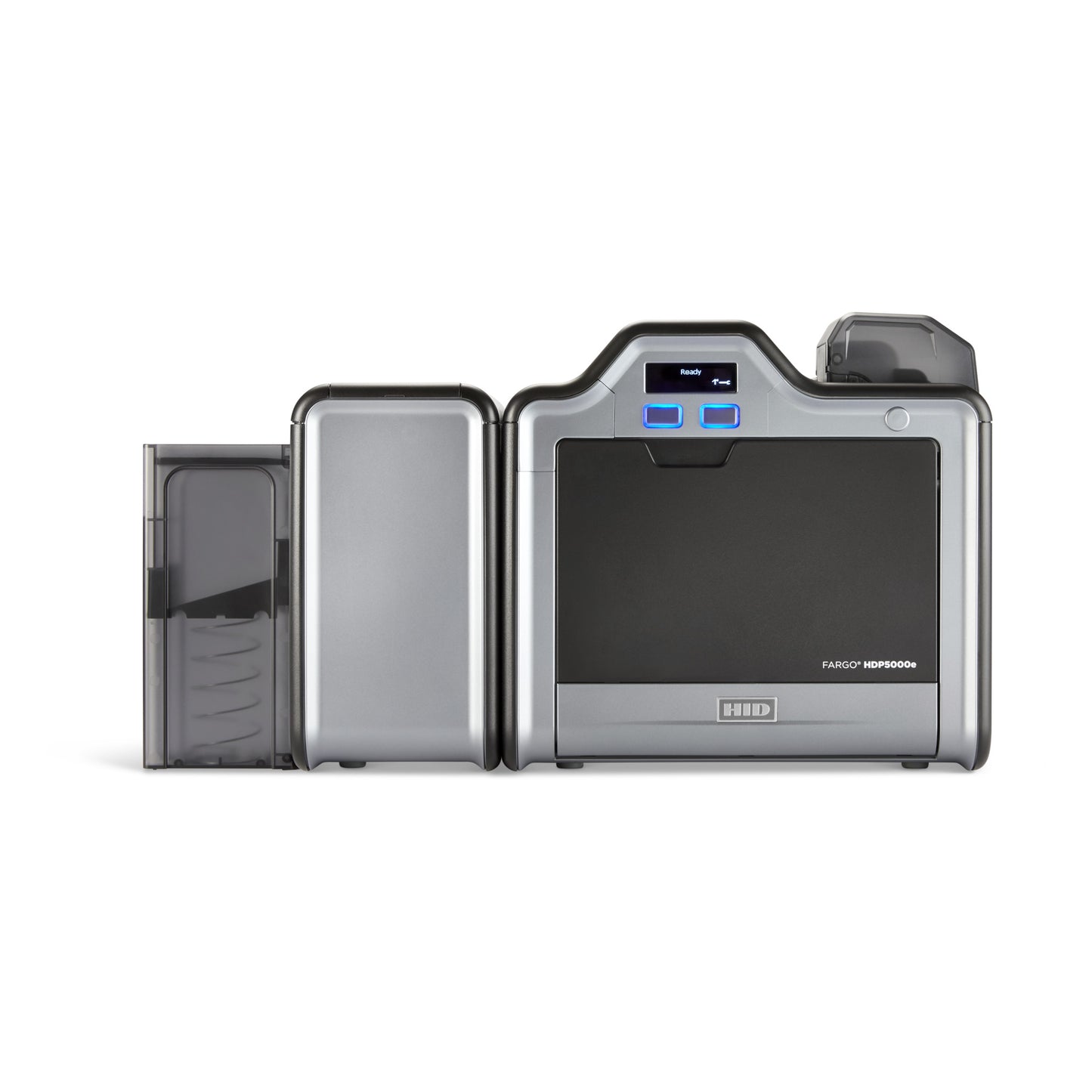 Front view of the HID FARGO HDP5000e Dual Sided ID Card Printer with input hopper, card stacker, digital display, and control buttons.