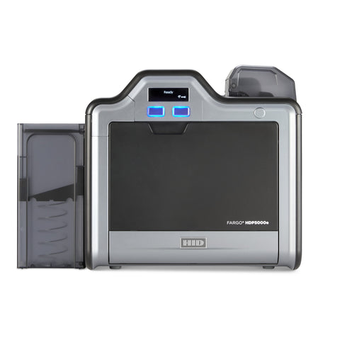 Front view of the HID FARGO HDP5000e Single-Sided ID Card Printer with display screen showing "Ready" and visible input and output card trays.