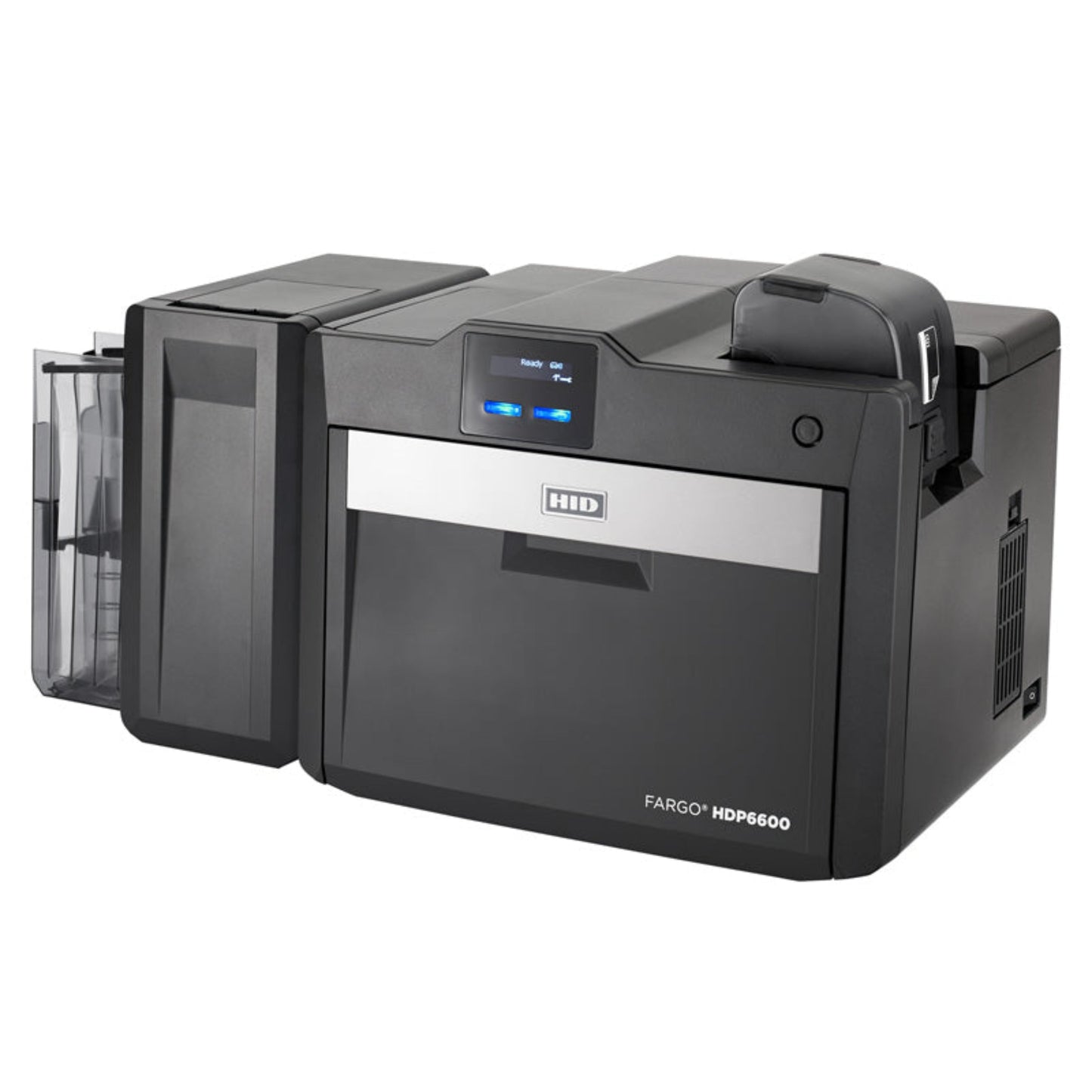 HID Fargo HDP6600 dual-sided retransfer card printer with integrated card flattener module shown from angled perspective, featuring clear input hopper and professional black design. Sold by Specialist ID an Authorized HID Global Distributor
