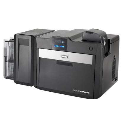 HID Fargo HDP6600 dual-sided retransfer card printer with integrated card flattener module shown from angled perspective, featuring clear input hopper and professional black design. Sold by Specialist ID an Authorized HID Global Distributor