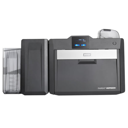 Front view of HID Fargo HDP6600 dual-sided card printer with card flattener for smart card programs, displaying blue status lights and HID branding on white panel. Sold by Specialist ID an Authorized HID Global Distributor