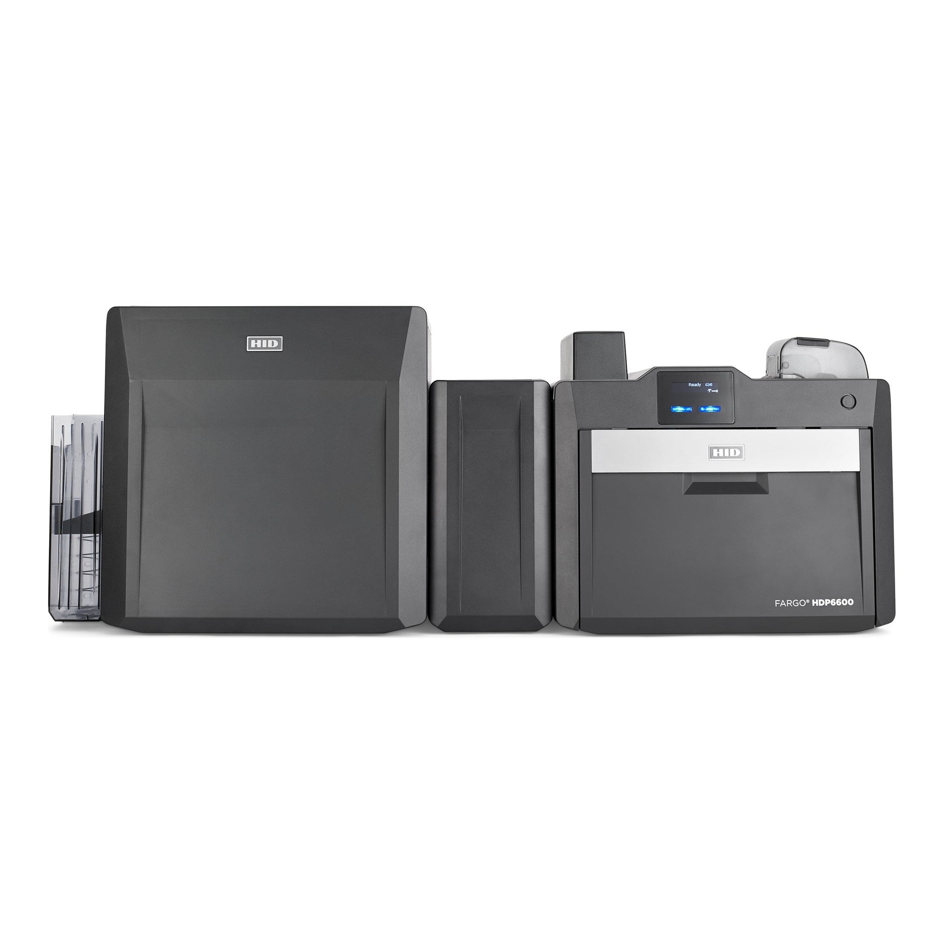Front view of the HID FARGO HDP6600 dual-sided retransfer ID card printer with card flattener and LMX lamination module. Sold by Specialist ID, an authorized HID FARGO dealer.