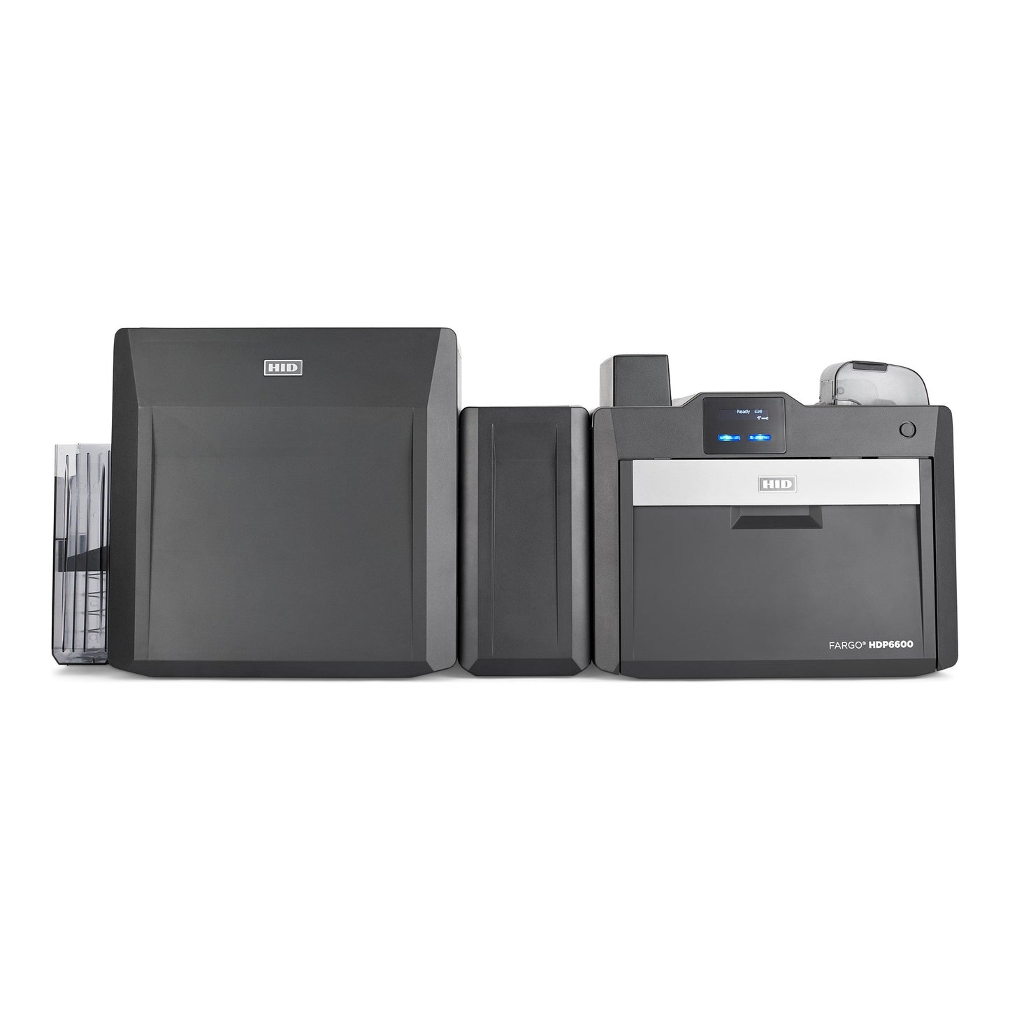 Front view of the HID FARGO HDP6600 dual-sided retransfer ID card printer with card flattener and LMX lamination module. Sold by Specialist ID, an authorized HID FARGO dealer.